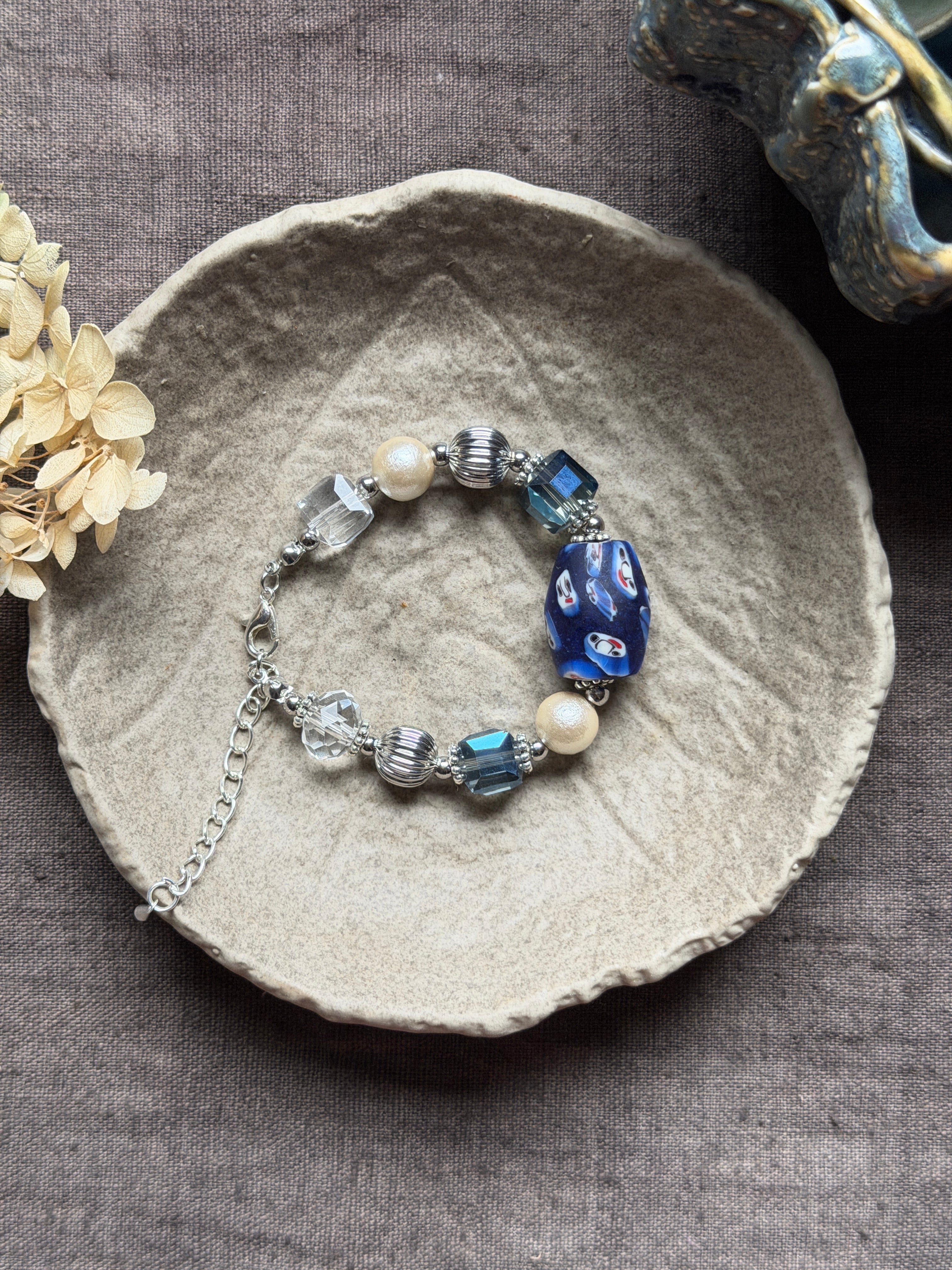 Moonlit Rosette——Blue Glazed Glass Brass Vintage Bracelet