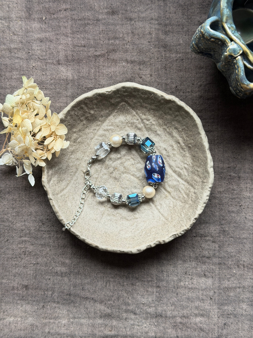 Moonlit Rosette——Blue Glazed Glass Brass Vintage Bracelet