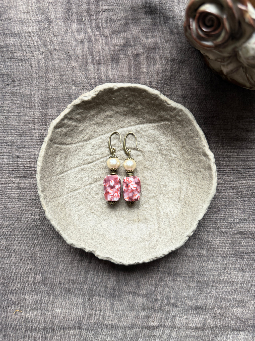 Blush Rosette——Pink Glazed Glass Brass Vintage Earrings