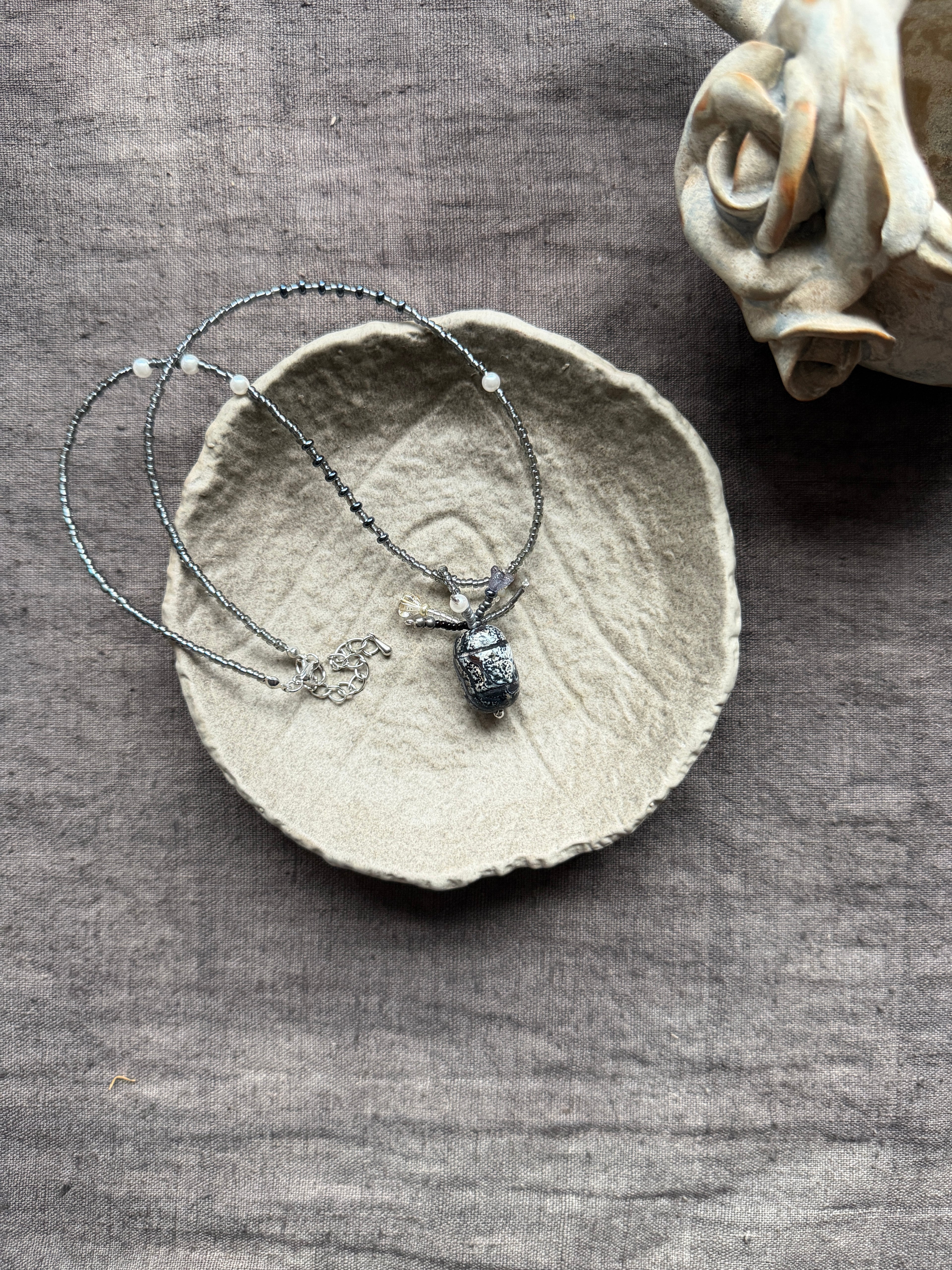 Moonscarab——Blue Grey Glazed Glass Vintage Vase Necklace