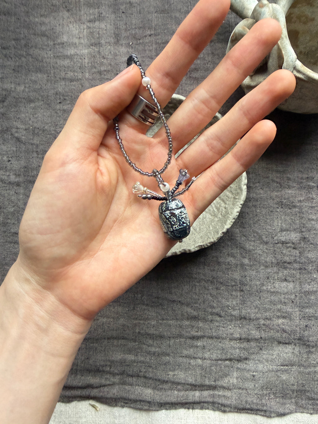 Moonscarab——Blue Grey Glazed Glass Vintage Vase Necklace