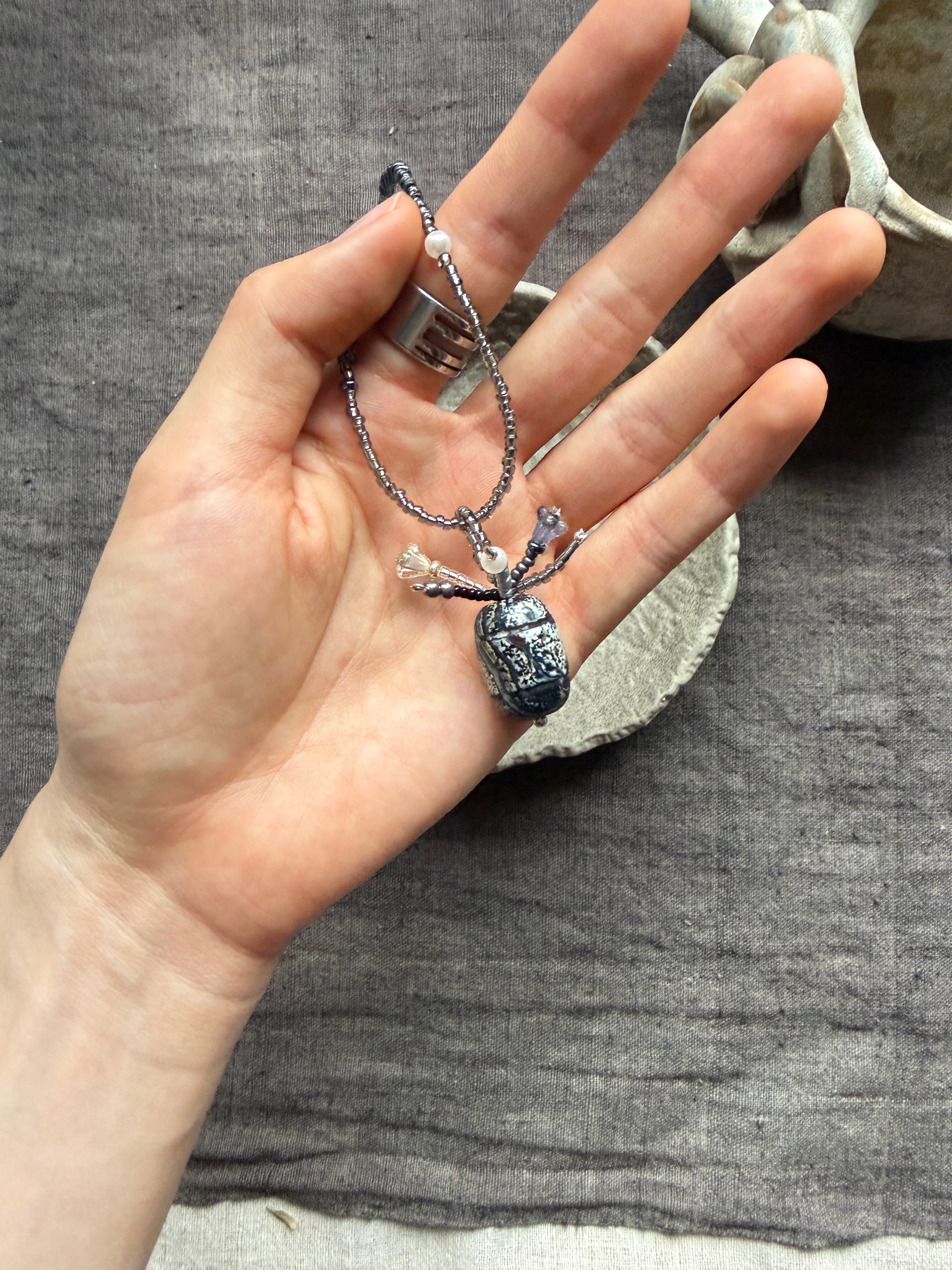 Moonscarab——Blue Grey Glazed Glass Vintage Vase Necklace
