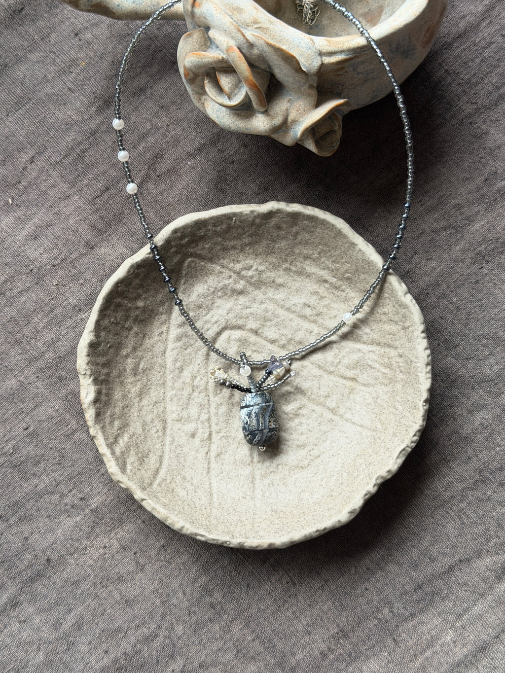 Moonscarab——Blue Grey Glazed Glass Vintage Vase Necklace