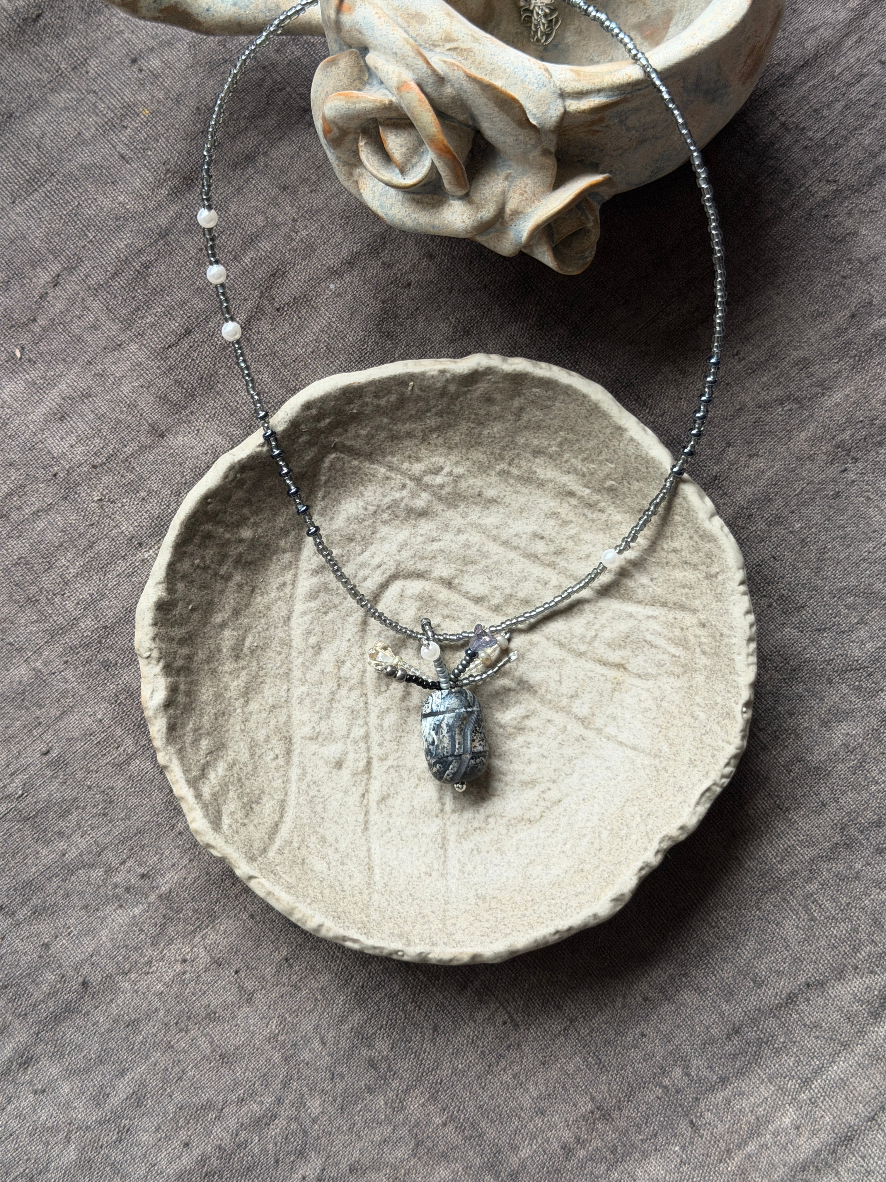Moonscarab——Blue Grey Glazed Glass Vintage Vase Necklace
