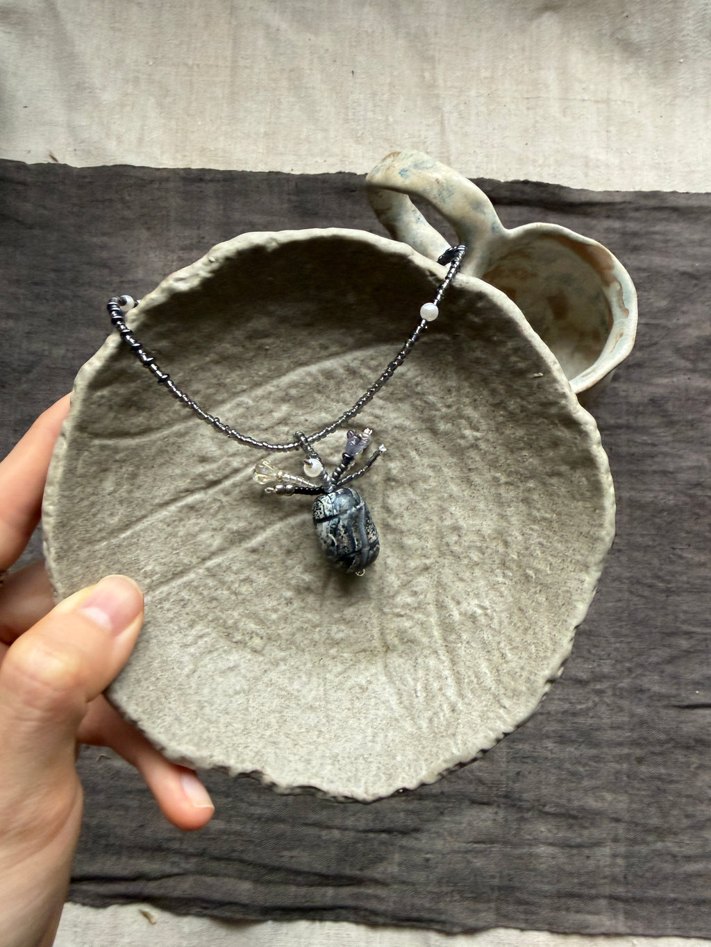 Moonscarab——Blue Grey Glazed Glass Vintage Vase Necklace