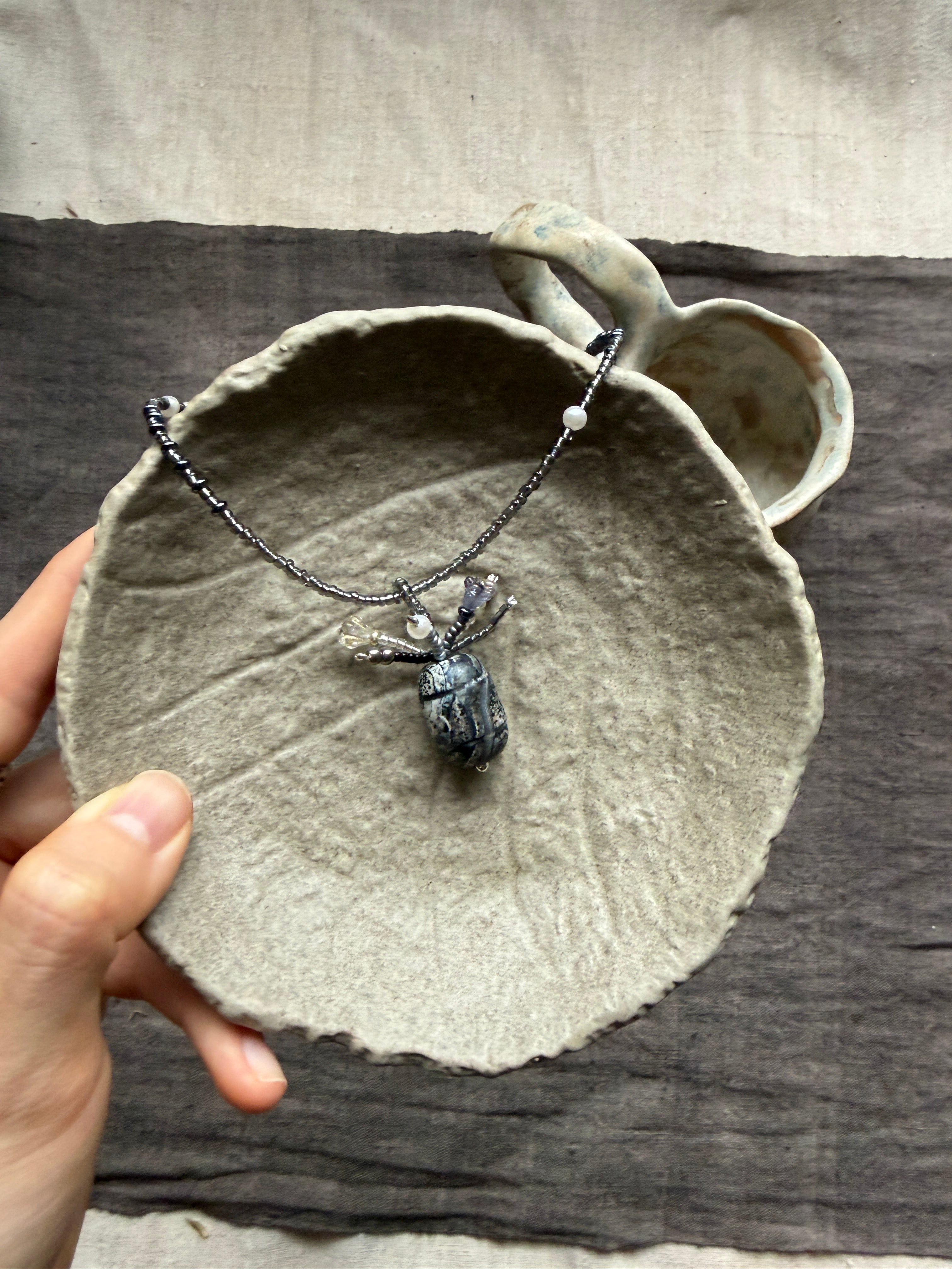 Moonscarab——Blue Grey Glazed Glass Vintage Vase Necklace