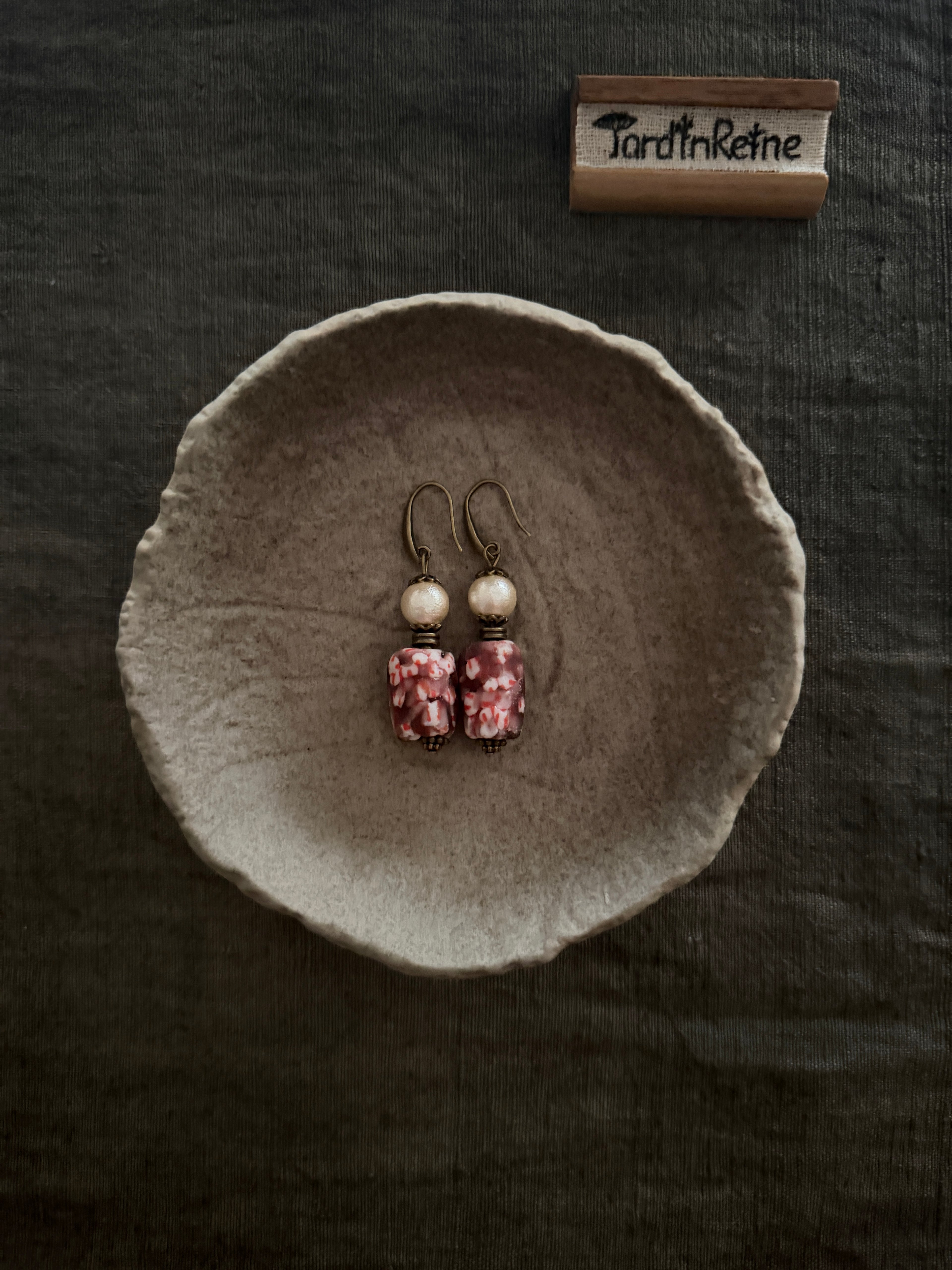 Blush Rosette——Pink Glazed Glass Brass Vintage Earrings
