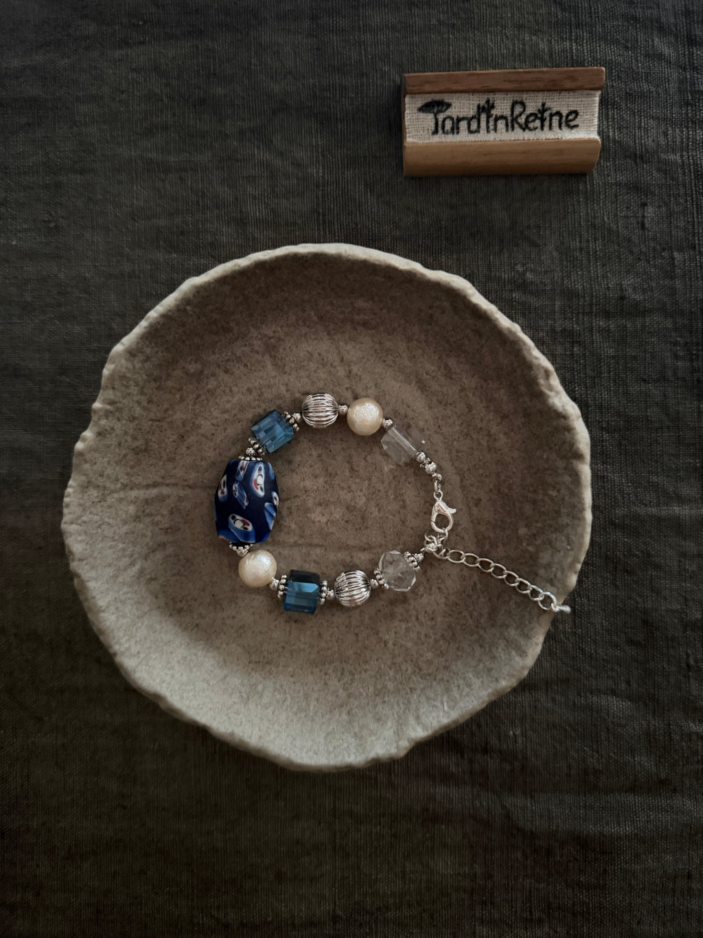 Moonlit Rosette——Blue Glazed Glass Brass Vintage Bracelet