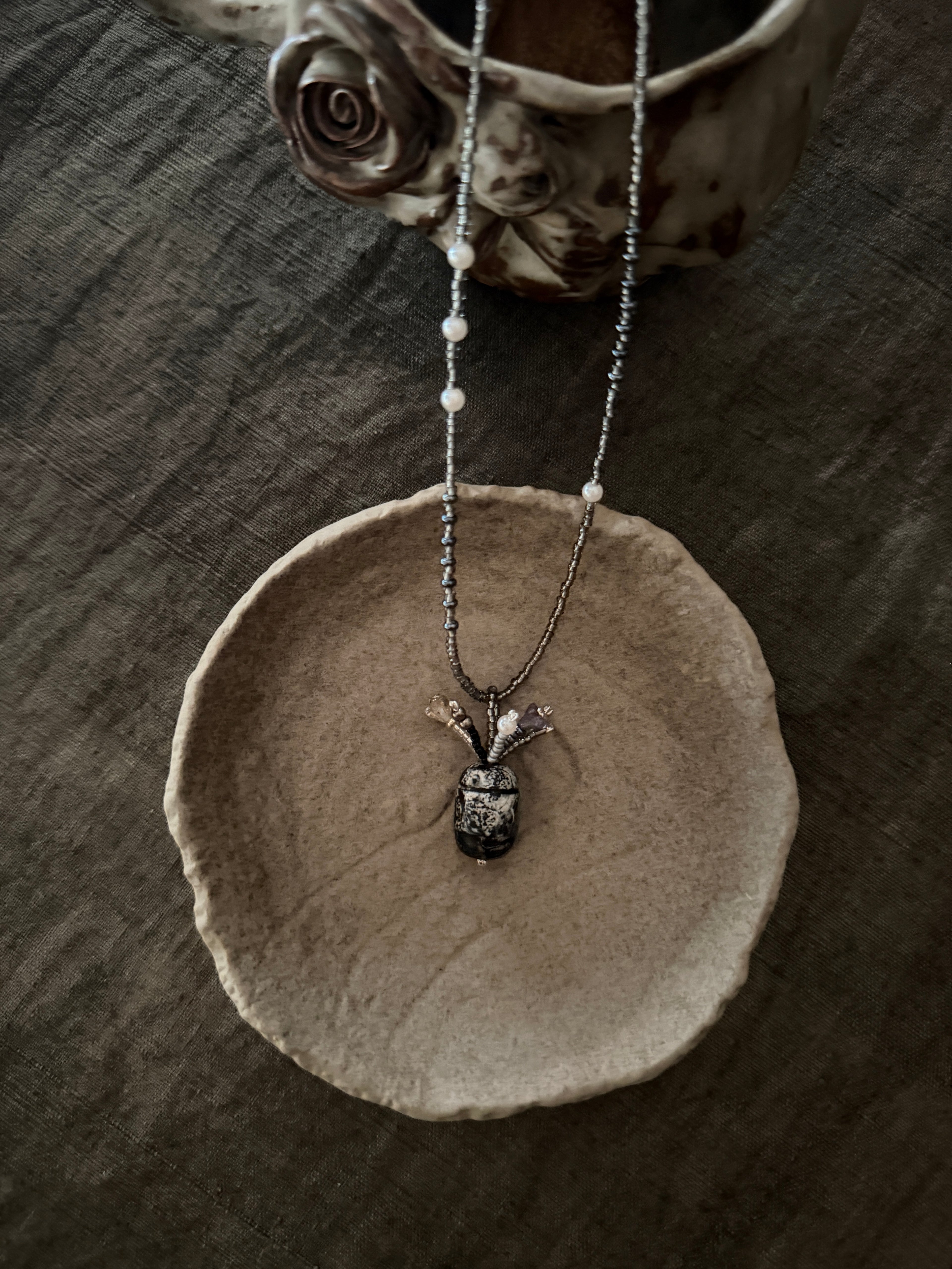 Moonscarab——Blue Grey Glazed Glass Vintage Vase Necklace