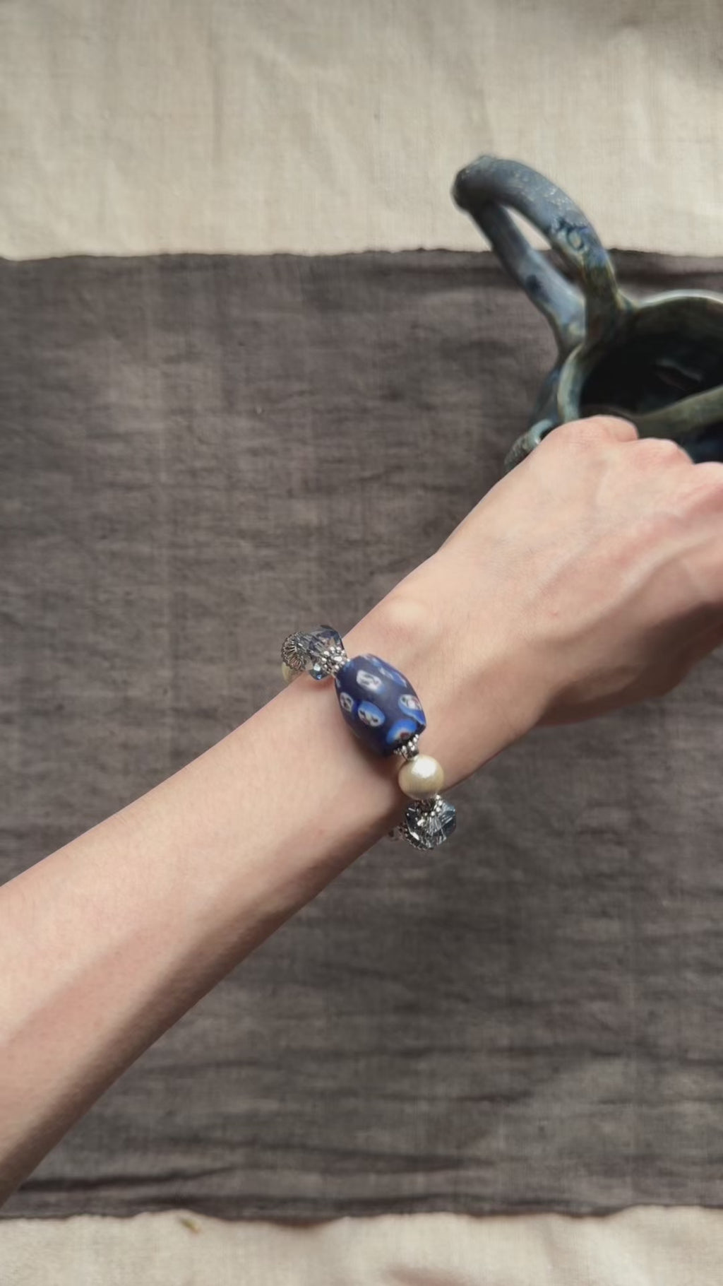 Moonlit Rosette——Blue Glazed Glass Brass Vintage Bracelet