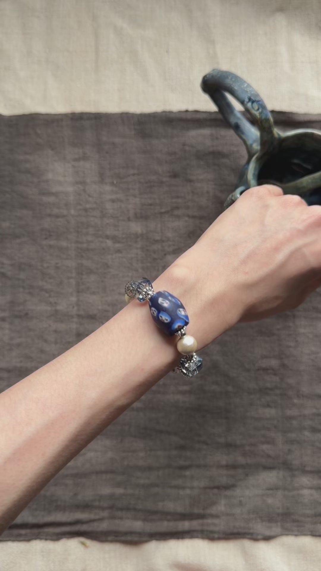 Moonlit Rosette——Blue Glazed Glass Brass Vintage Bracelet