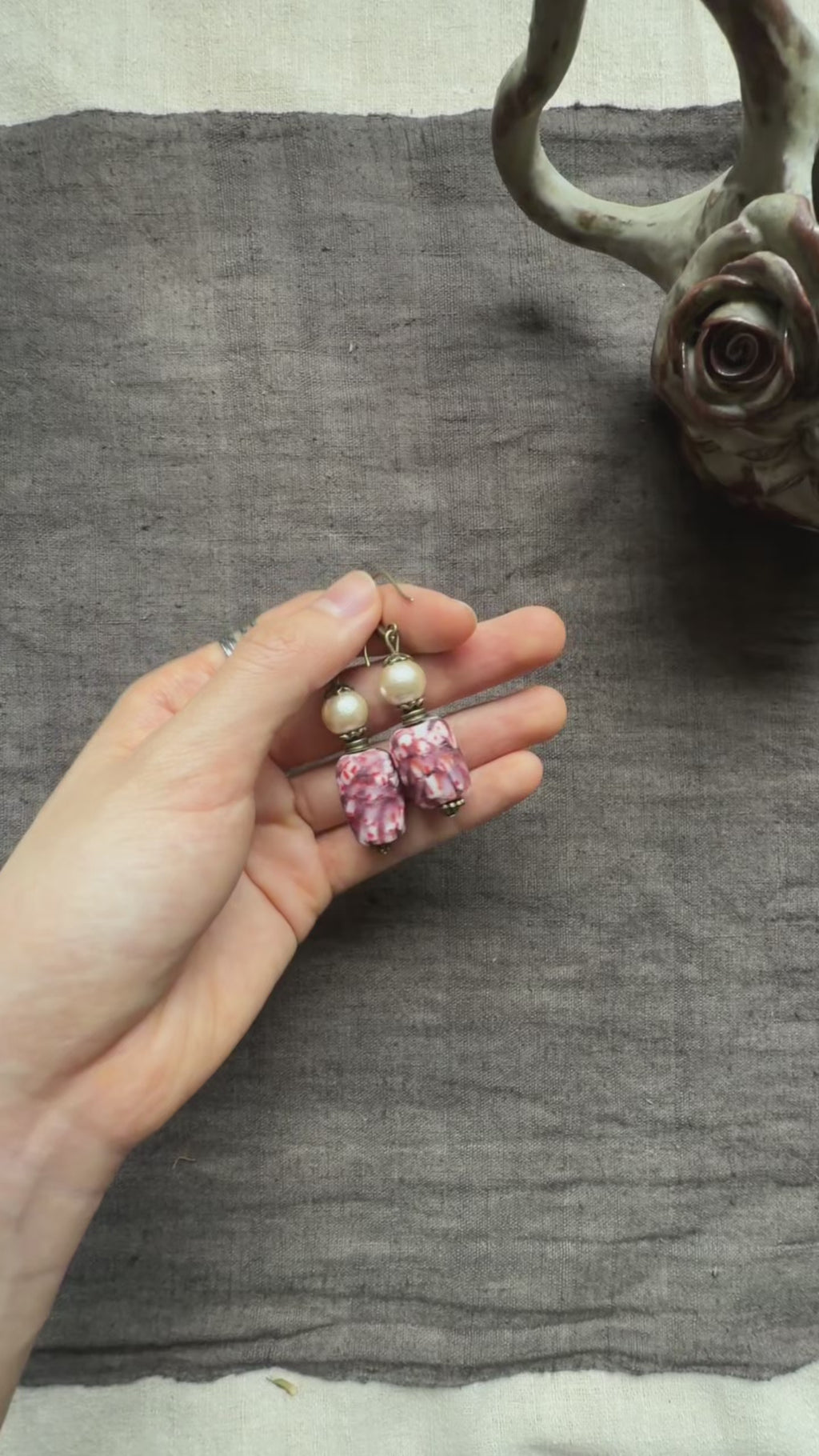 Blush Rosette——Pink Glazed Glass Brass Vintage Earrings