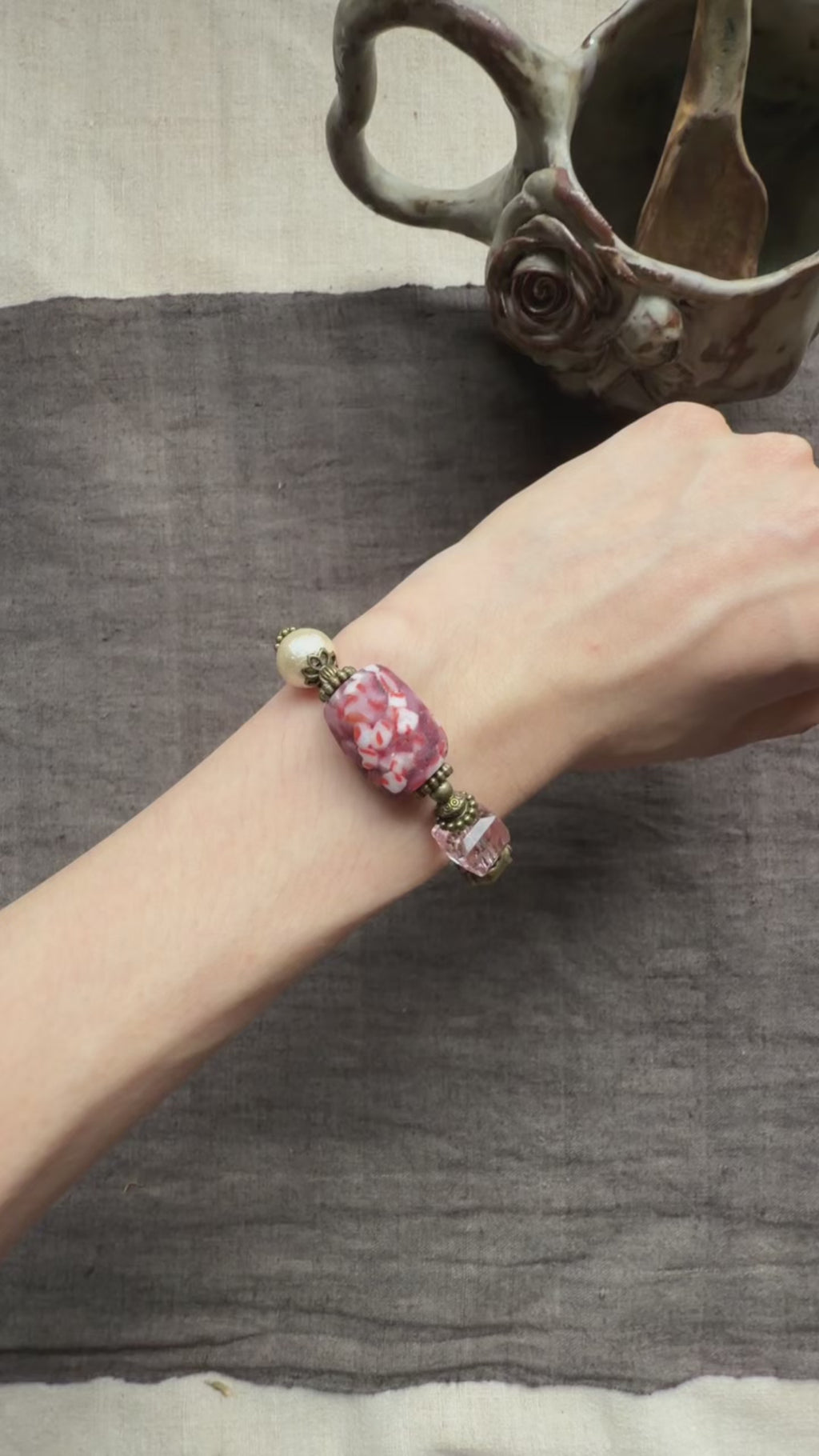 Blush Rosette——Pink Glazed Glass Brass Vintage Bracelet