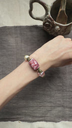 Blush Rosette——Pink Glazed Glass Brass Vintage Bracelet