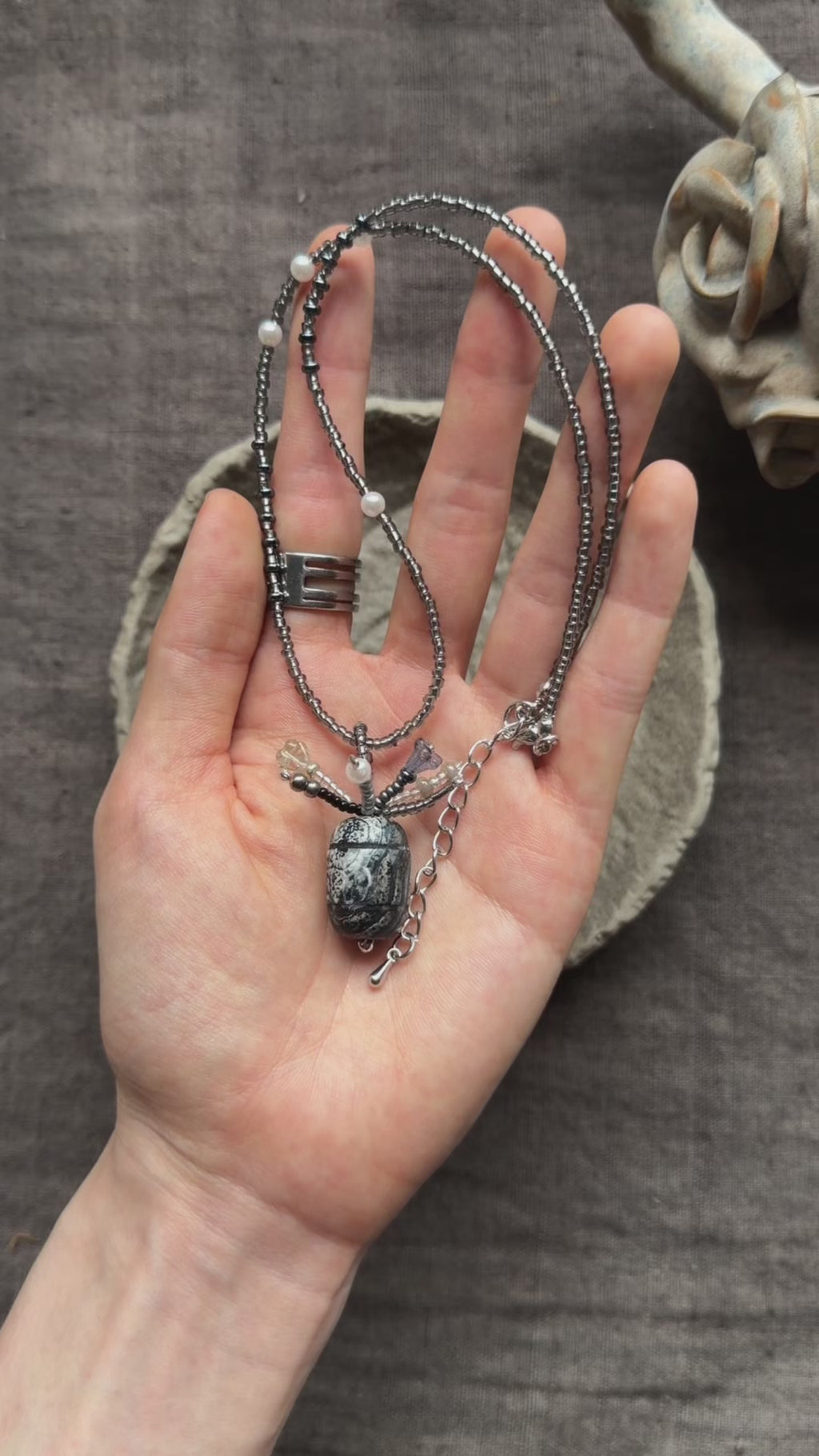 Moonscarab——Blue Grey Glazed Glass Vintage Vase Necklace